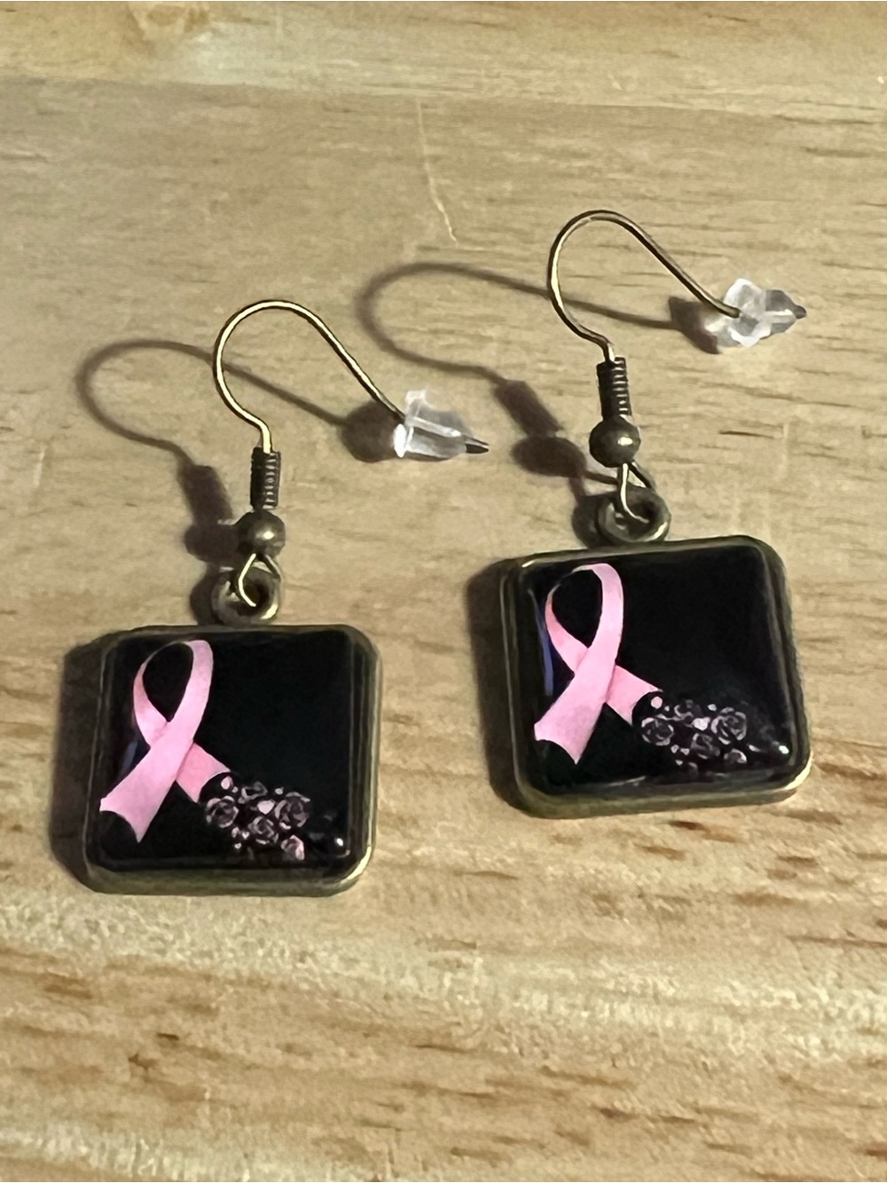 Pink Ribbon Square Drop Earrings - Breast Cancer Awareness E183